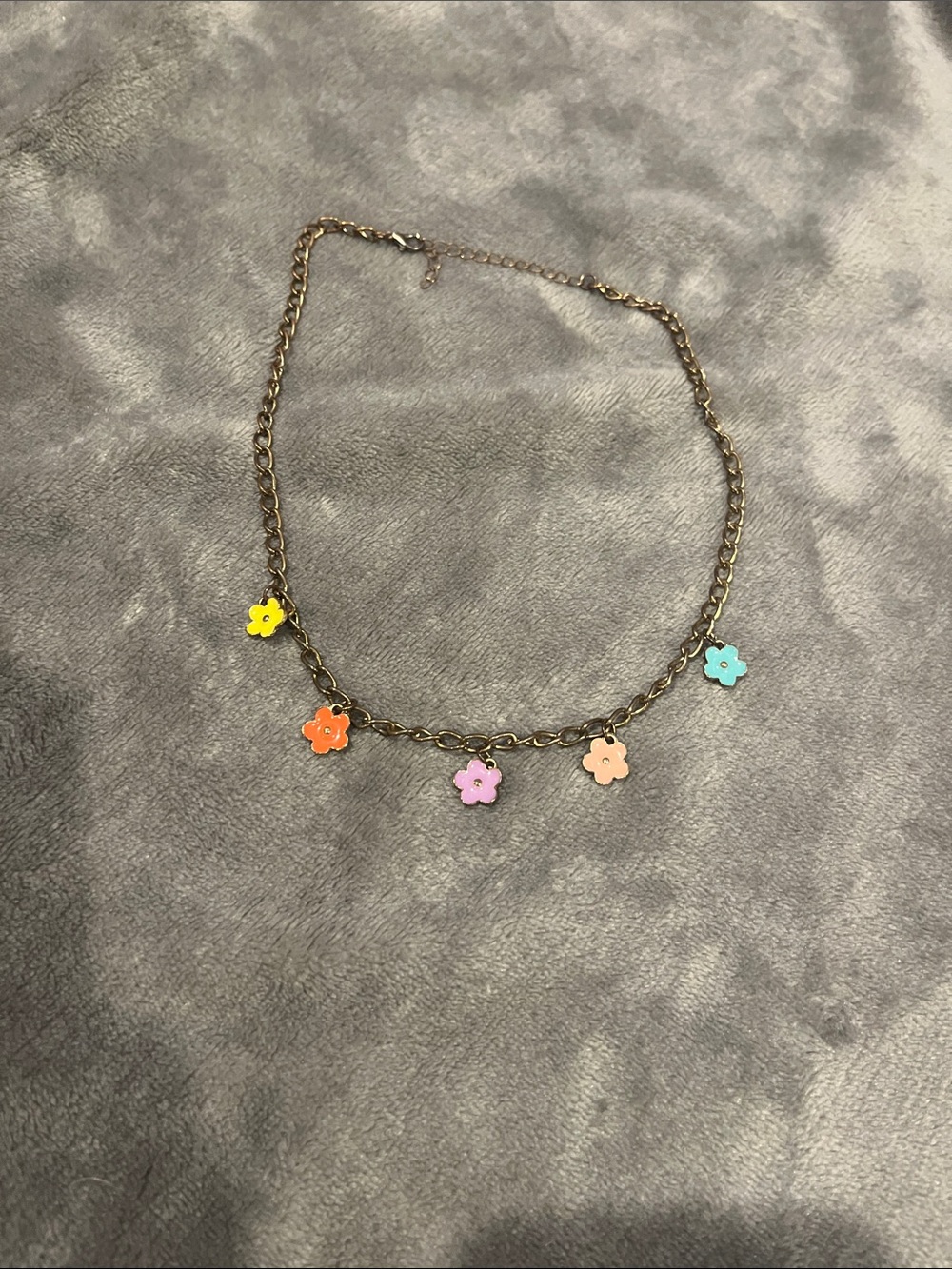 Gold Chain Necklace with Multicolor Flower Charms